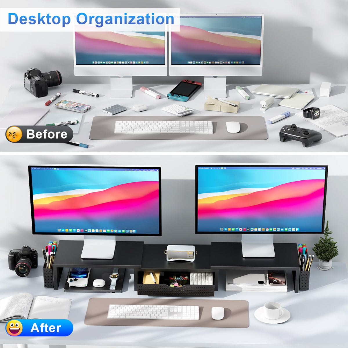Dual Monitor Riser with Drawer