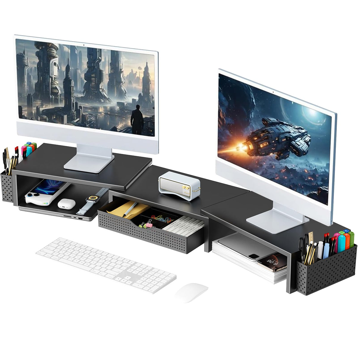 Dual Monitor Riser with Drawer