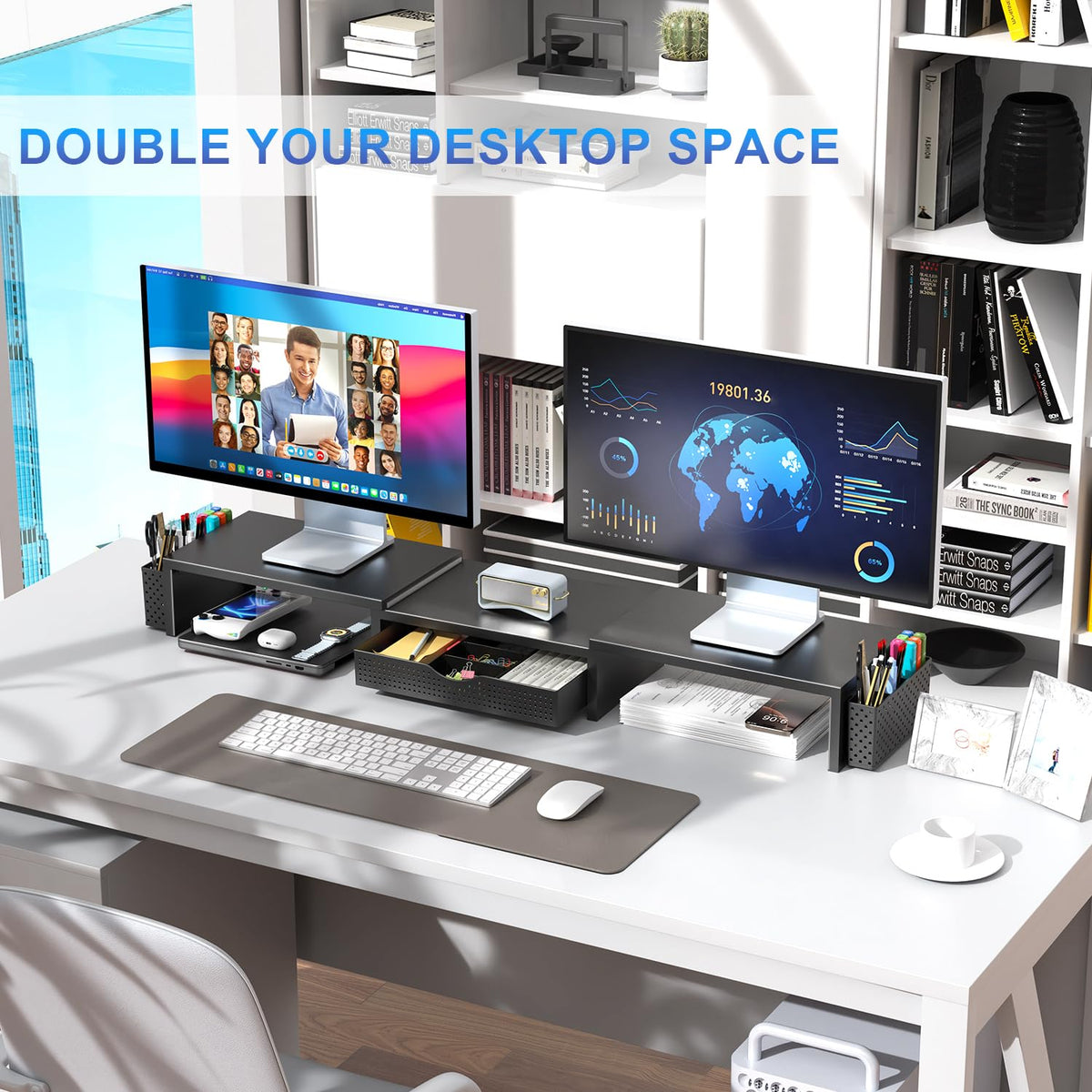 Dual Monitor Riser with Drawer