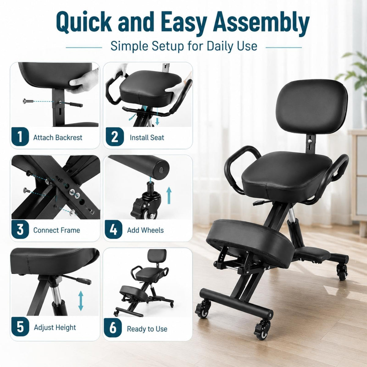 Kneeling Chair with Backrest and Footrest