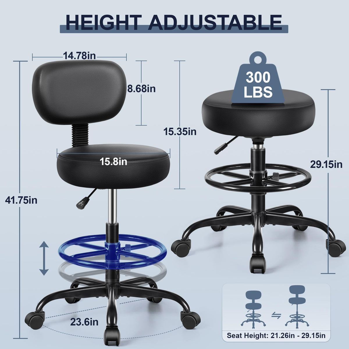 Drafting Stool with Backrest and Foot Ring