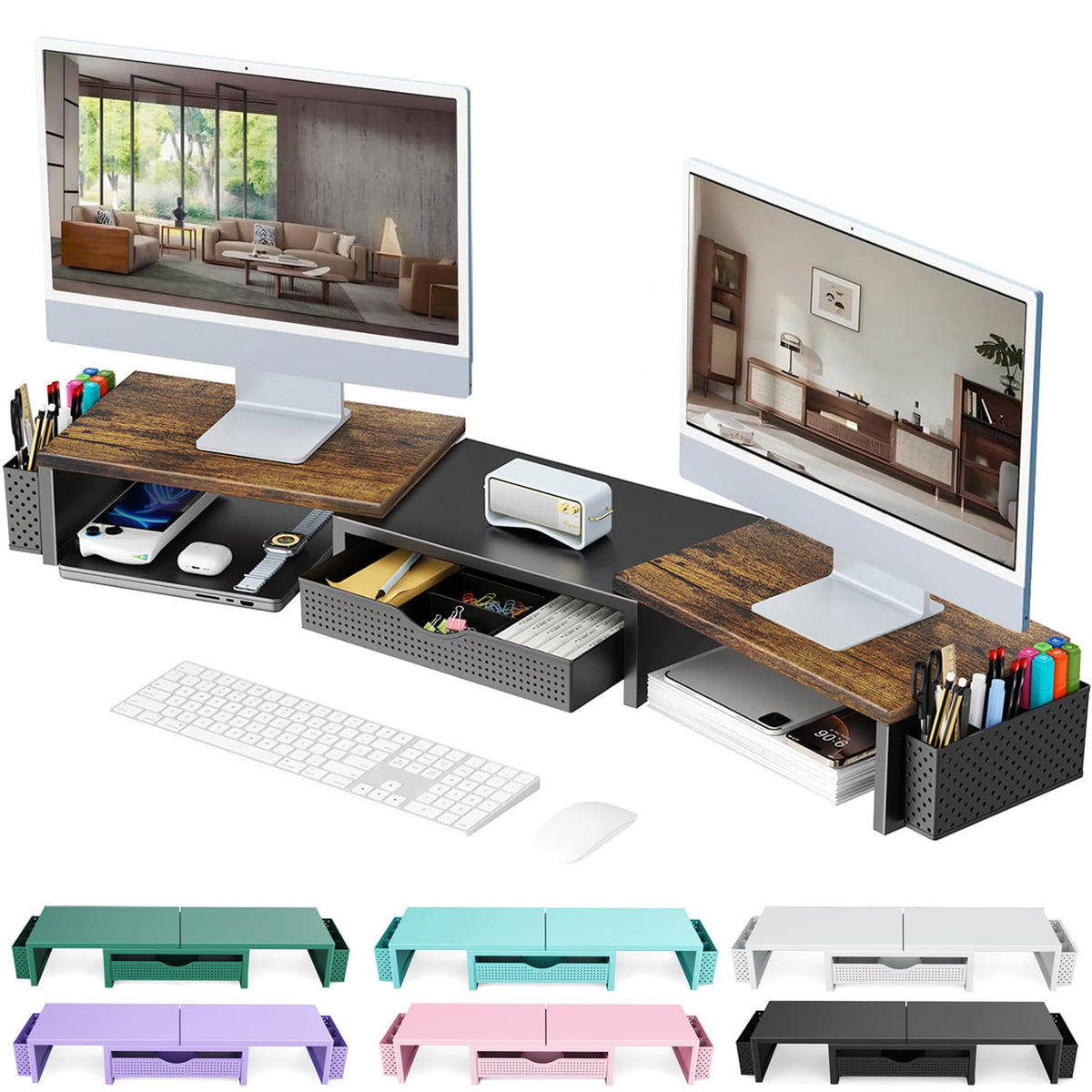 Dual Monitor Riser with Drawer