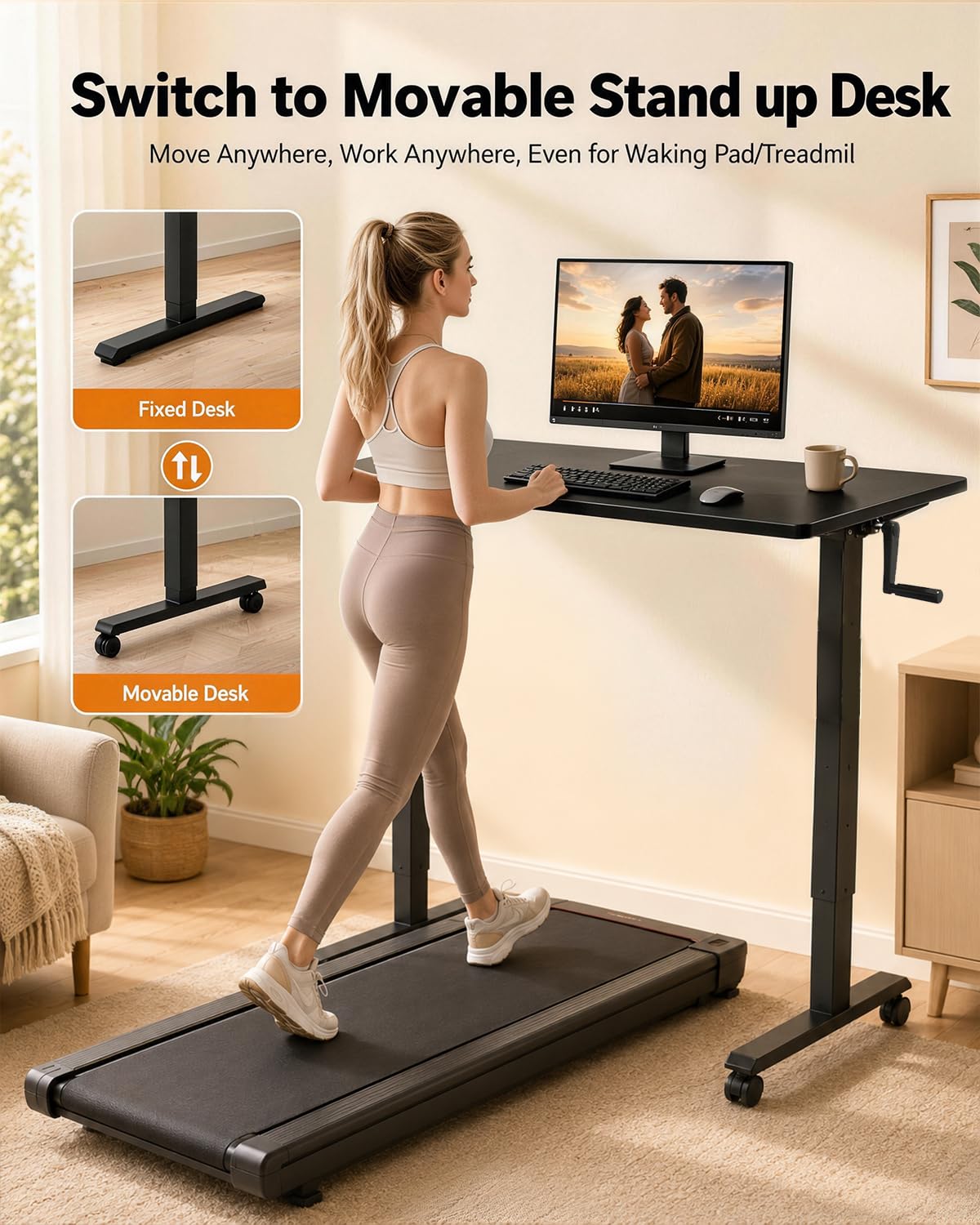 Hand-Crank Standing Desk with Casters