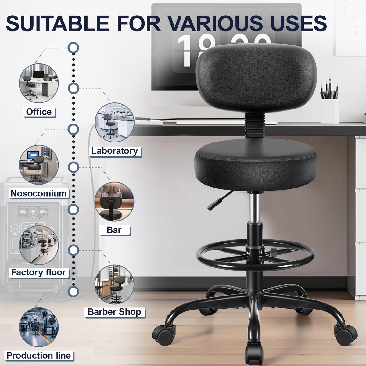Drafting Stool with Backrest and Foot Ring