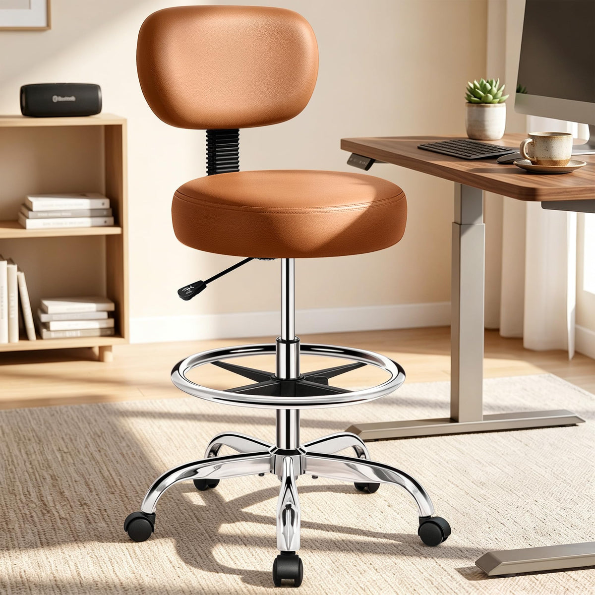 Drafting Stool with Backrest and Foot Ring